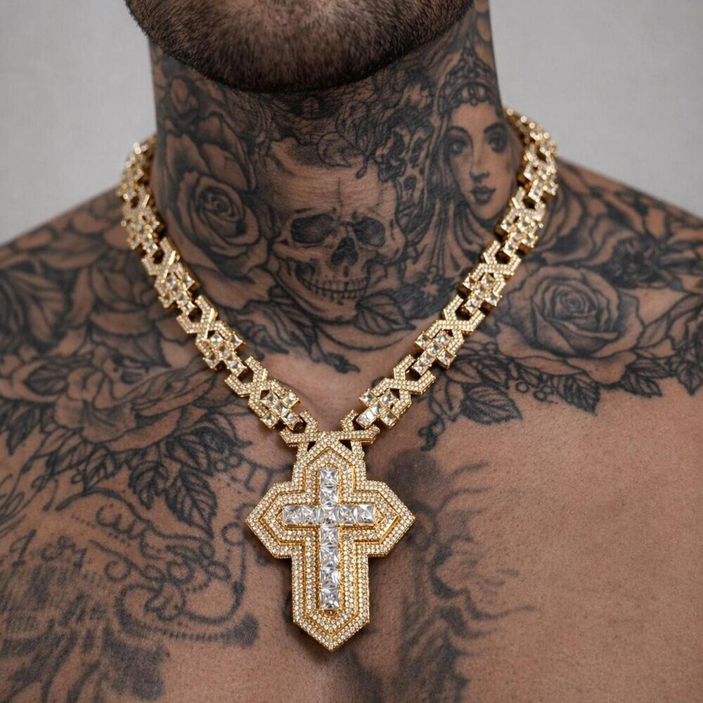 Iced Out Gold Cross Necklace 20inch